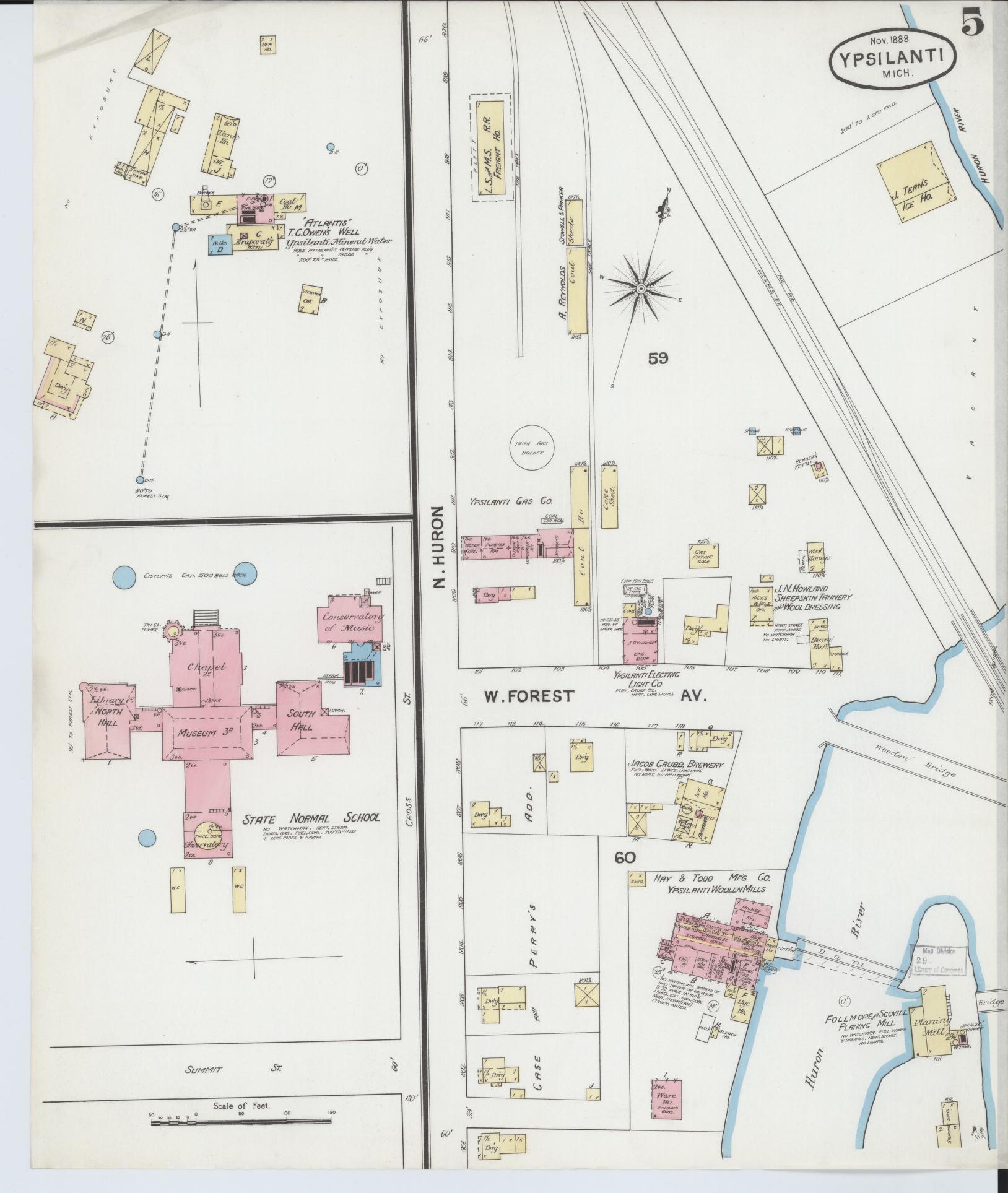 Sanborn Fire Insurance Map from Ypsilanti, Washtenaw County, Michigan (1888), Sheet #0005 - Historic Sanborn Fire Insurance Map Print, vintage old map wall art, antique decor, genealogy gift, Michigan Michigan map