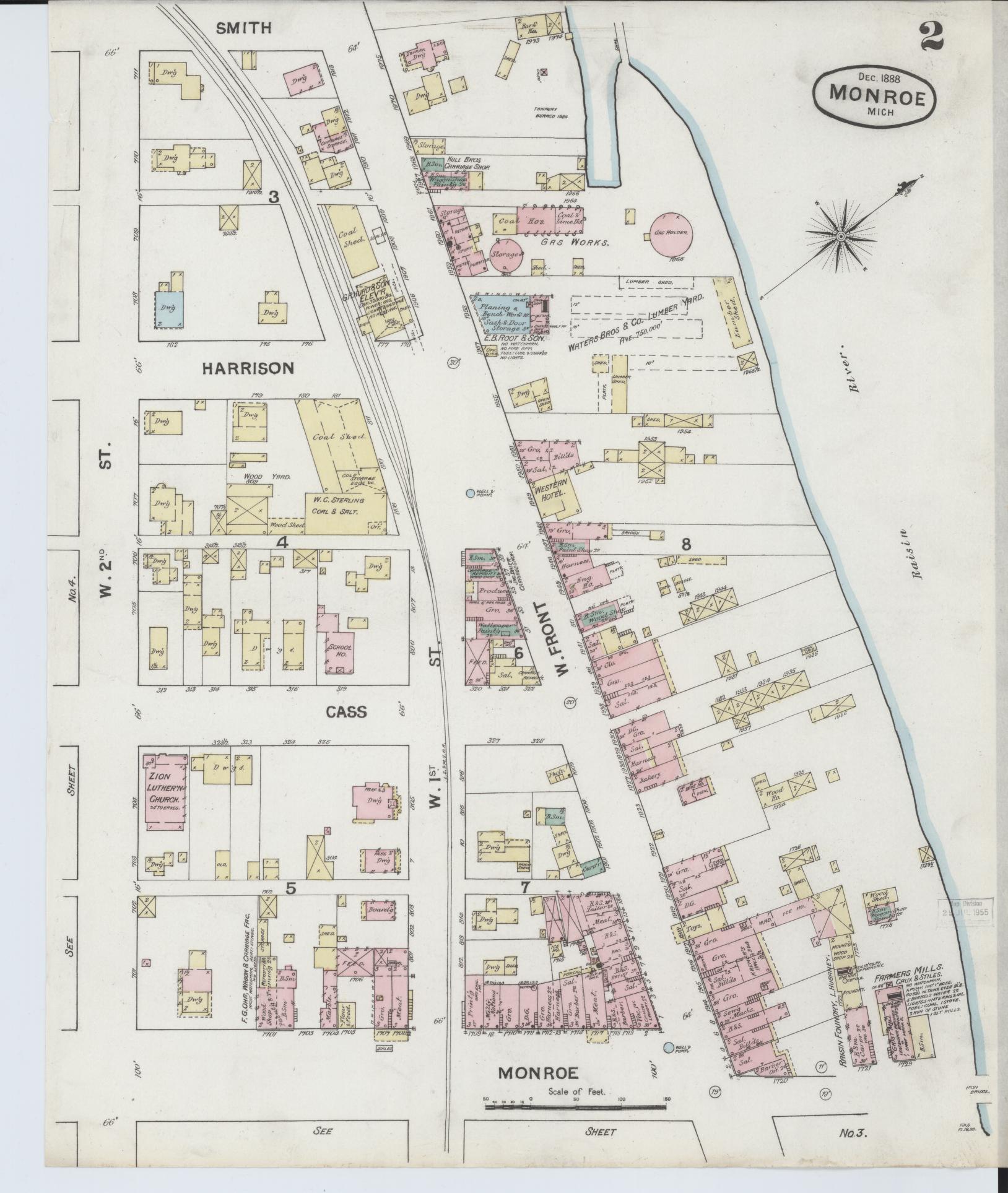 Sanborn Fire Insurance Map from Monroe, Monroe County, Michigan (1888), Sheet #0002 - Complete Map Set gallery image, historic Sanborn map, vintage wall art, Michigan Michigan