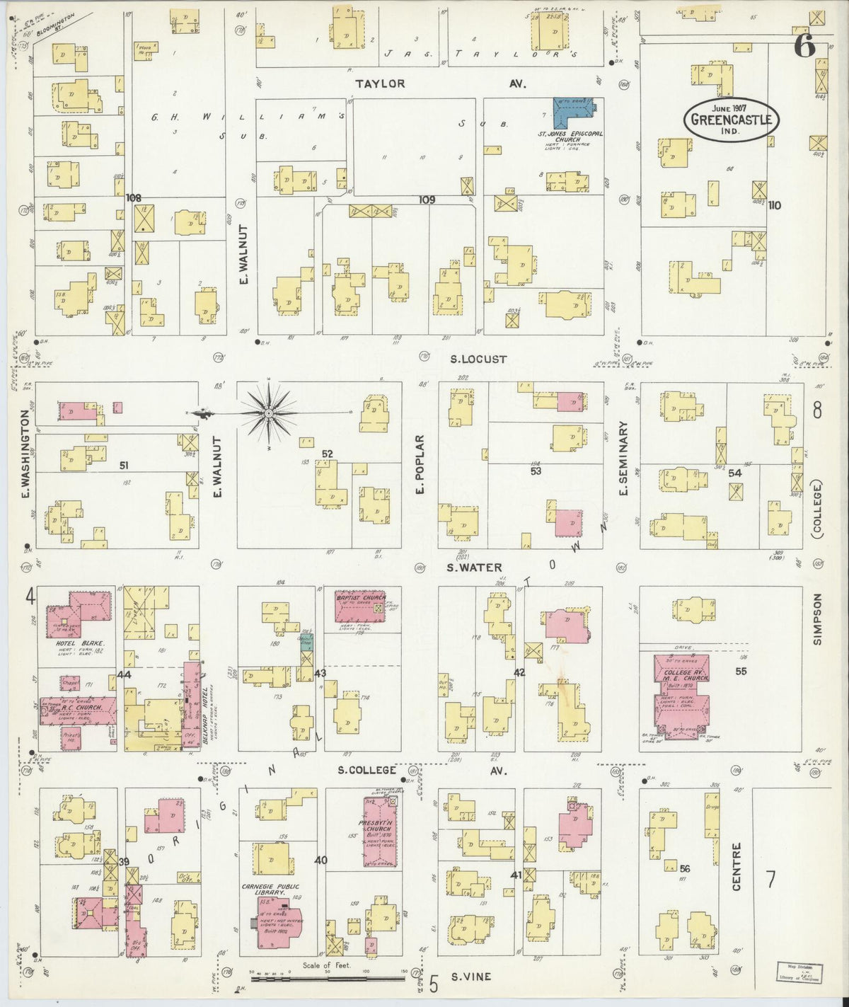 Sanborn Fire Insurance Map from Greencastle, Putnam County, Indiana (1907), Sheet #0006 - Historic Sanborn Fire Insurance Map Print, vintage old map wall art, antique decor, genealogy gift, Indiana Indiana map