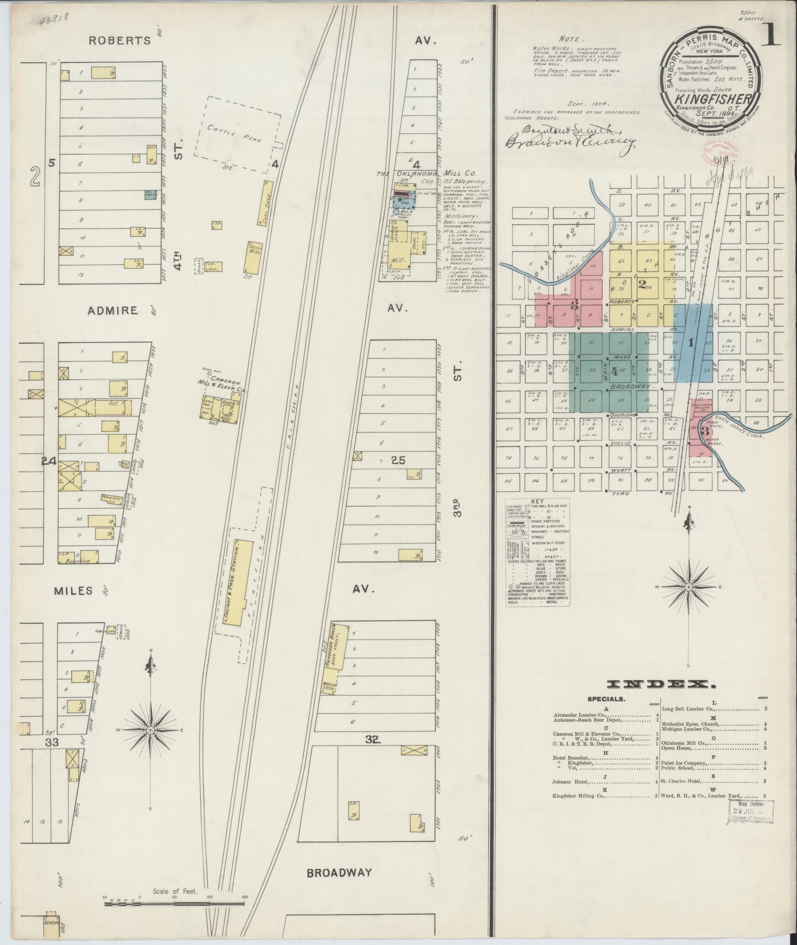 Sanborn Fire Insurance Map from Kingfisher, Kingfisher County, Oklahoma (1894), Sheet #0001 - Complete Map Set gallery image, historic Sanborn map, vintage wall art, Oklahoma Oklahoma