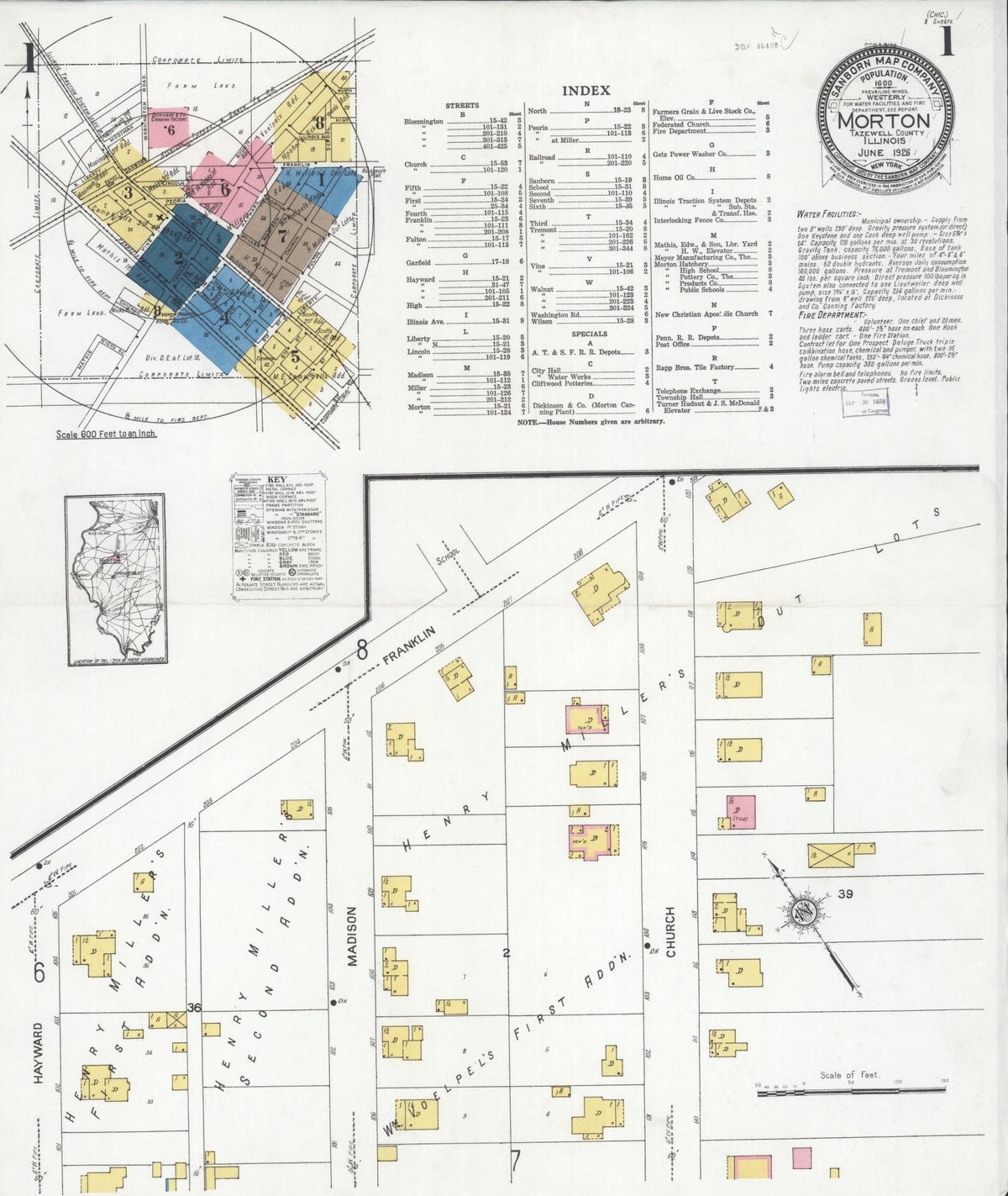 Sanborn Fire Insurance Map from Morton, Tazewell County, Illinois (1926), Sheet #0001 - Historic Sanborn Fire Insurance Map Print, vintage old map wall art, antique decor, genealogy gift, Illinois Illinois map