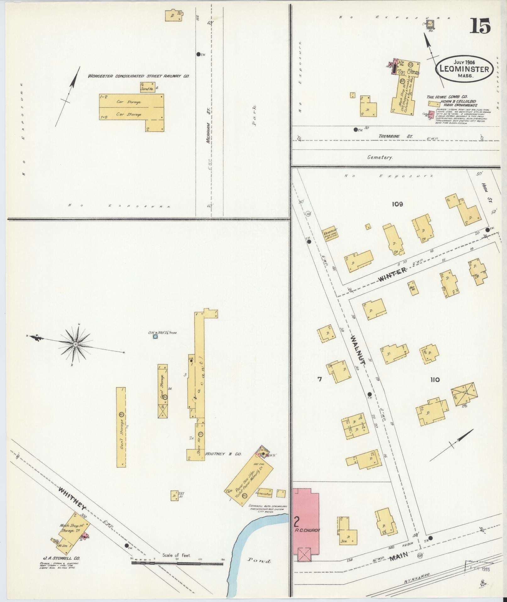 Sanborn Fire Insurance Map from Leominster, Worcester County, Massachusetts (1906), Sheet #0015 - Historic Sanborn Fire Insurance Map Print, vintage old map wall art, antique decor, genealogy gift, Massachusetts Massachusetts map