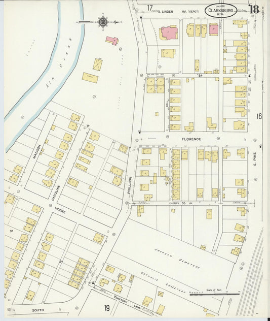 Sanborn Fire Insurance Map from Clarksburg, Harrison County, West Virginia (1911), Sheet #0018 - Historic Sanborn Fire Insurance Map Print, vintage old map wall art, antique decor, genealogy gift, West Virginia West Virginia map