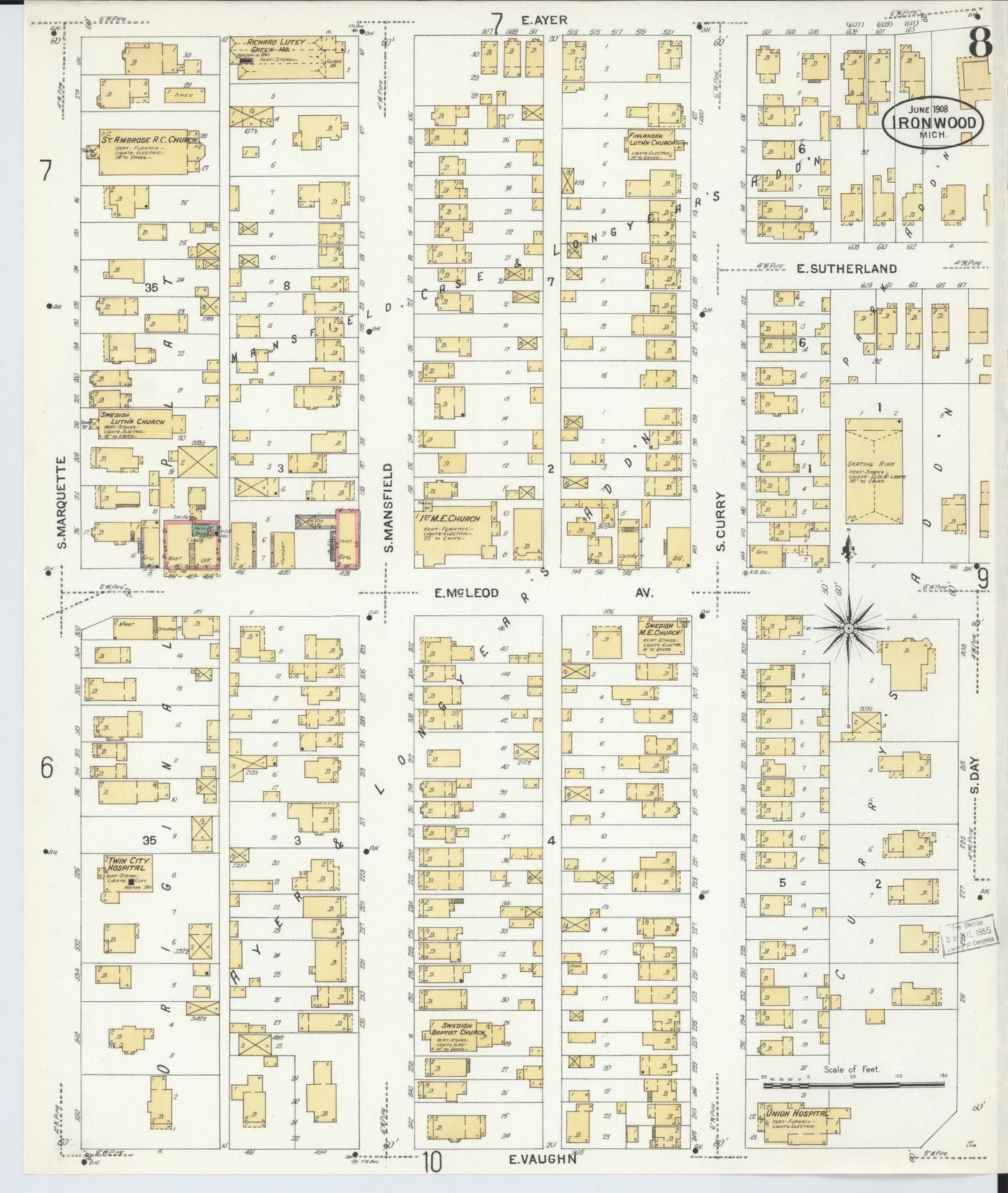 Sanborn Fire Insurance Map from Ironwood, Gogebic County, Michigan (1908), Sheet #0008 - Complete Map Set gallery image, historic Sanborn map, vintage wall art, Michigan Michigan