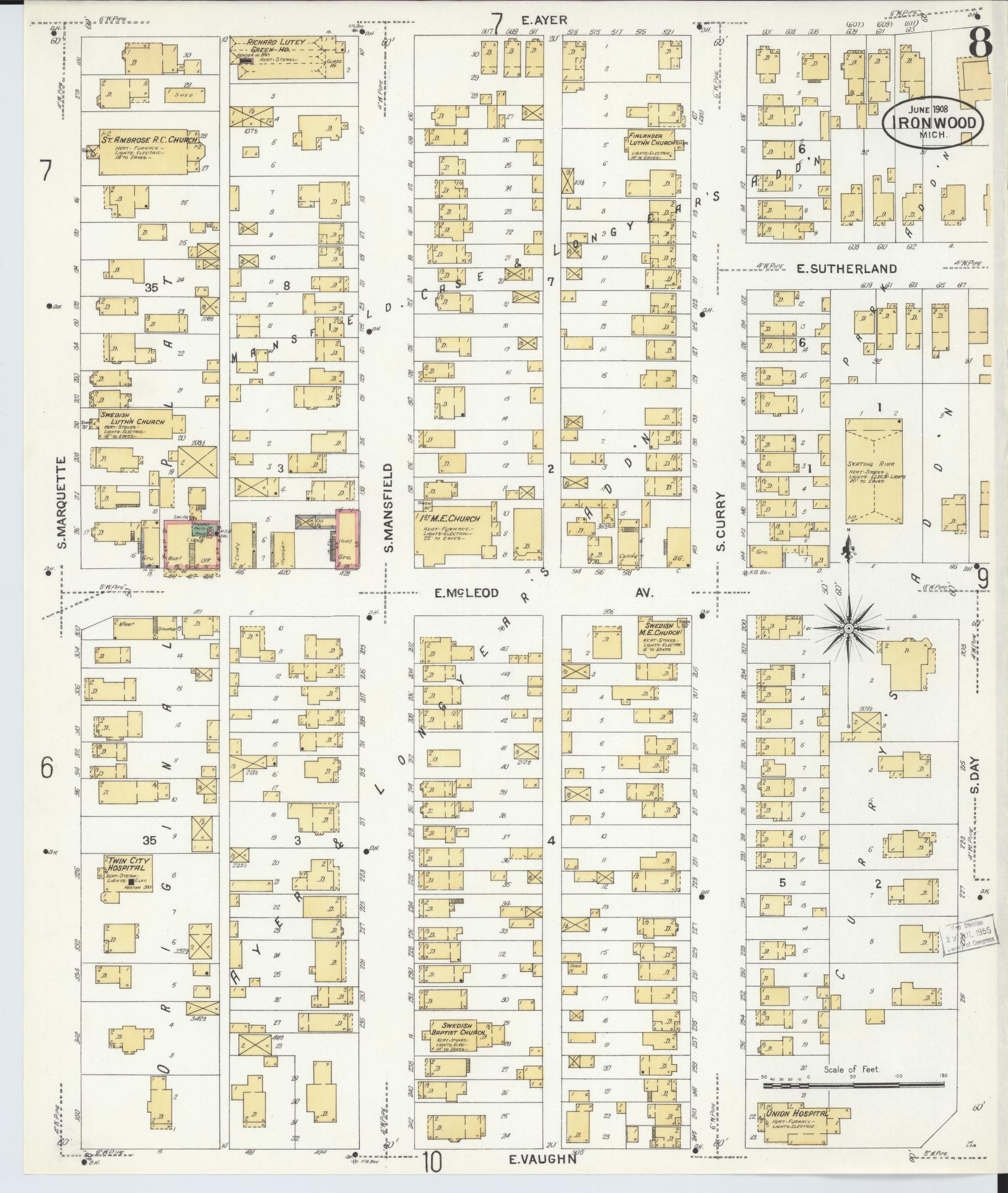 Sanborn Fire Insurance Map from Ironwood, Gogebic County, Michigan (1908), Sheet #0008 - Complete Map Set gallery image, historic Sanborn map, vintage wall art, Michigan Michigan