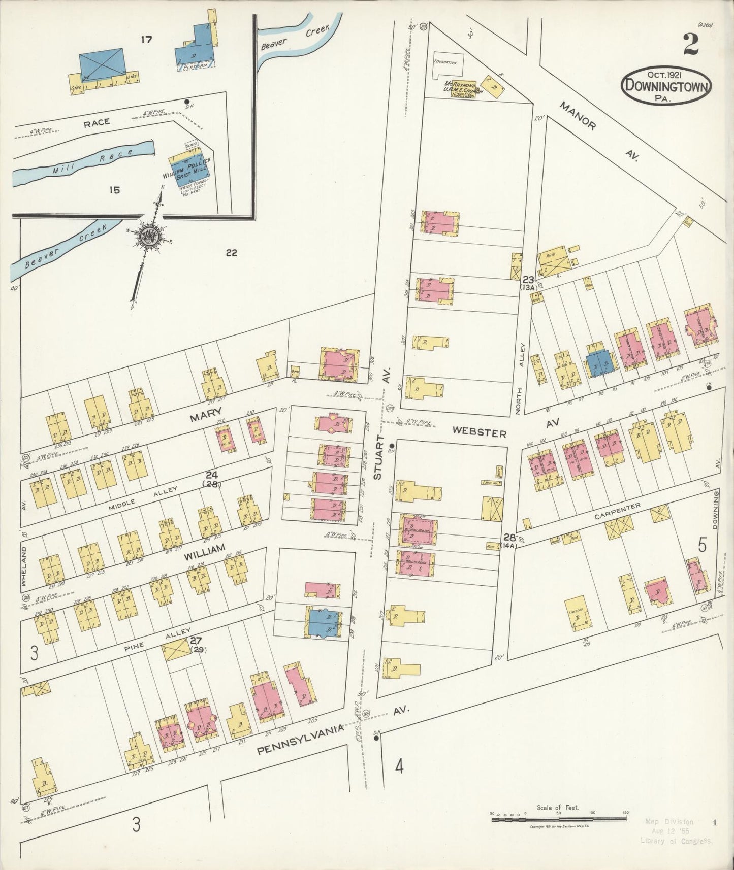 Sanborn Fire Insurance Map from Downingtown, Chester County, Pennsylvania (1921), Sheet #0002 - Historic Sanborn Fire Insurance Map Print, vintage old map wall art, antique decor, genealogy gift, Pennsylvania Pennsylvania map