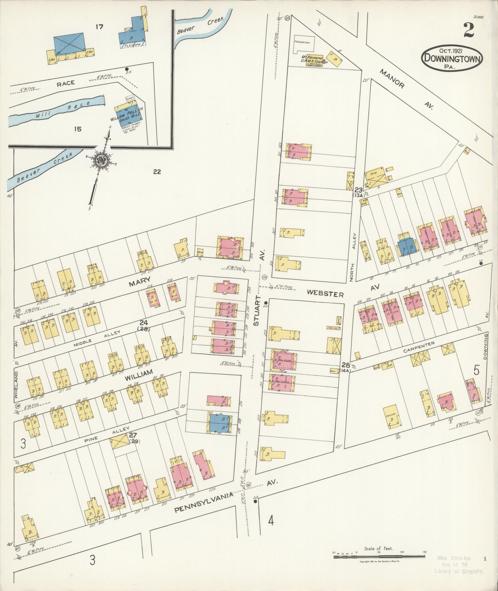 Sanborn Fire Insurance Map from Downingtown, Chester County, Pennsylvania (1921), Sheet #0002 - Historic Sanborn Fire Insurance Map Print, vintage old map wall art, antique decor, genealogy gift, Pennsylvania Pennsylvania map
