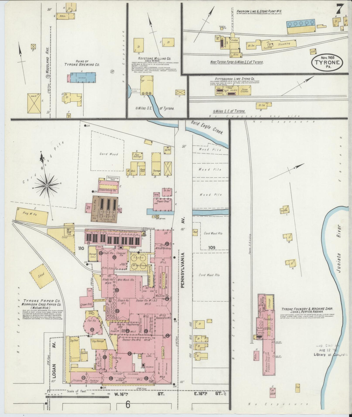 Sanborn Fire Insurance Map from Tyrone, Blair County, Pennsylvania (1906), Sheet #0007 - Historic Sanborn Fire Insurance Map Print, vintage old map wall art, antique decor, genealogy gift, Pennsylvania Pennsylvania map