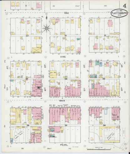 Sanborn Fire Insurance Map from Plattsmouth, Cass County, Nebraska (1892), Sheet #0004 - Complete Map Set gallery image, historic Sanborn map, vintage wall art, Nebraska Nebraska