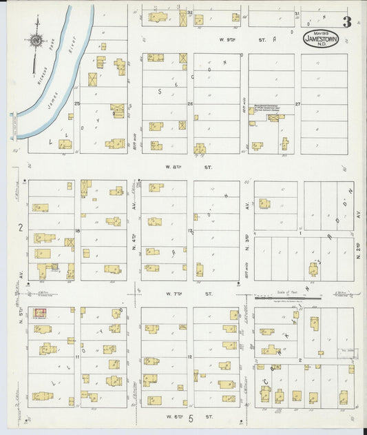 Sanborn Fire Insurance Map from Jamestown, Stutsman County, North Dakota (1919), Sheet #0003 - Historic Sanborn Fire Insurance Map Print, vintage old map wall art, antique decor, genealogy gift, North Dakota North Dakota map