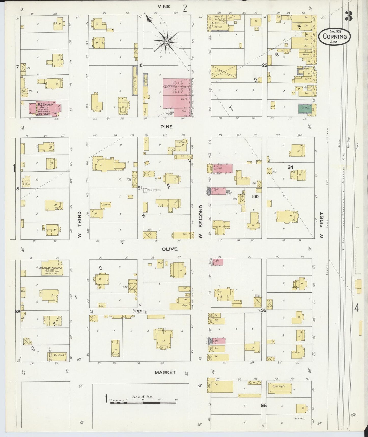 Sanborn Fire Insurance Map from Corning, Clay County, Arkansas (1908), Sheet #0003 - Historic Sanborn Fire Insurance Map Print, vintage old map wall art, antique decor, genealogy gift, Arkansas Arkansas map