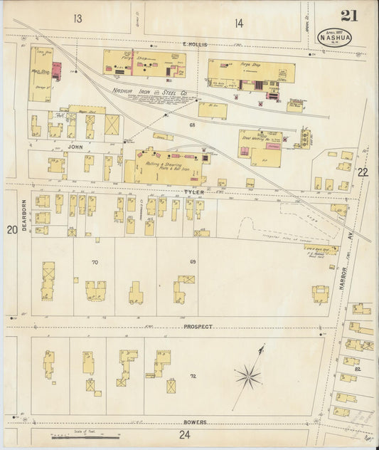 Sanborn Fire Insurance Map from Nashua, Hillsborough County, New Hampshire (1897), Sheet #0021 - Historic Sanborn Fire Insurance Map Print, vintage old map wall art, antique decor, genealogy gift, New Hampshire New Hampshire map