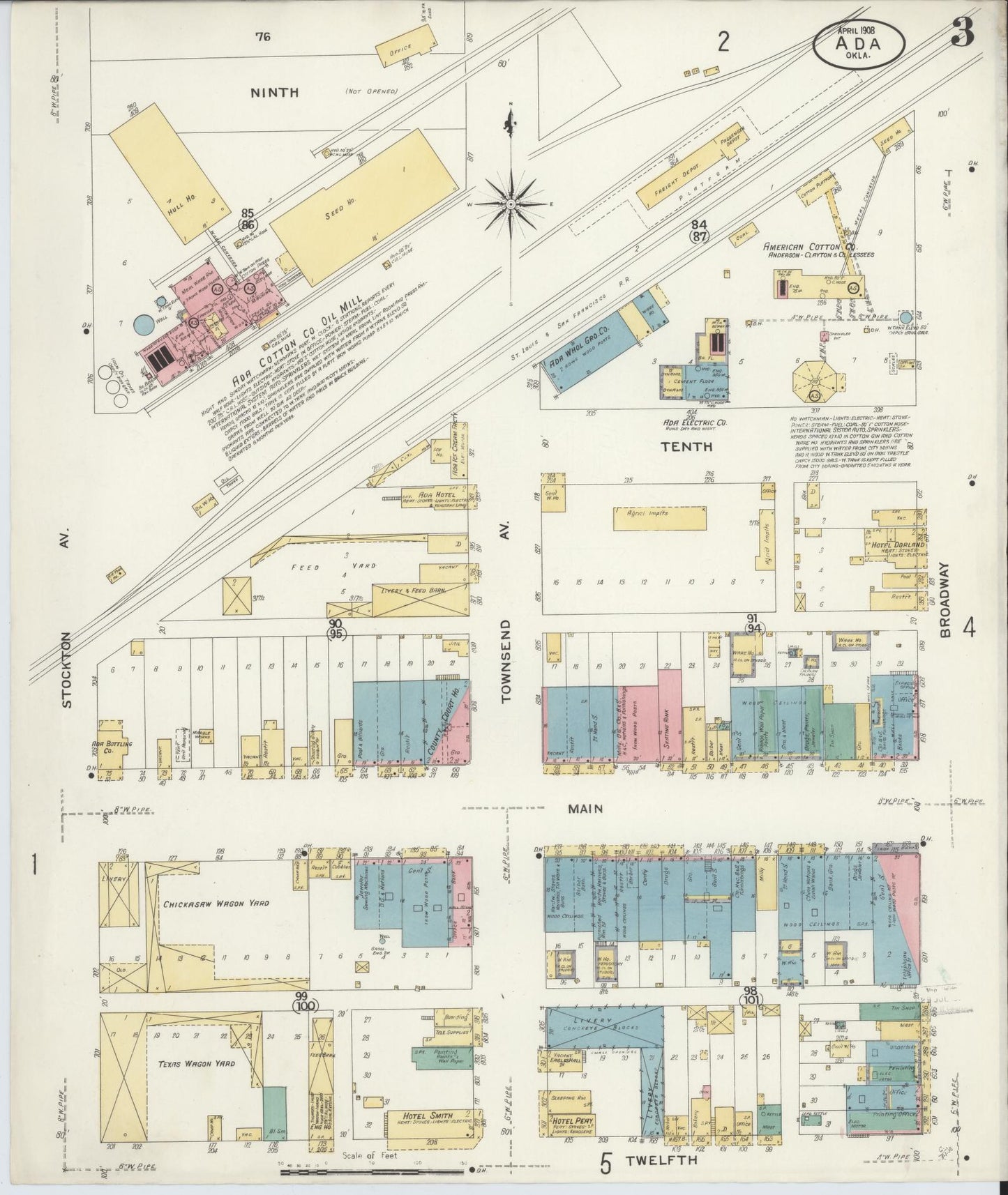 Sanborn Fire Insurance Map from Ada, Pontotoc County, Oklahoma (1908), Sheet #0003 - Complete Map Set gallery image, historic Sanborn map, vintage wall art, Oklahoma Oklahoma