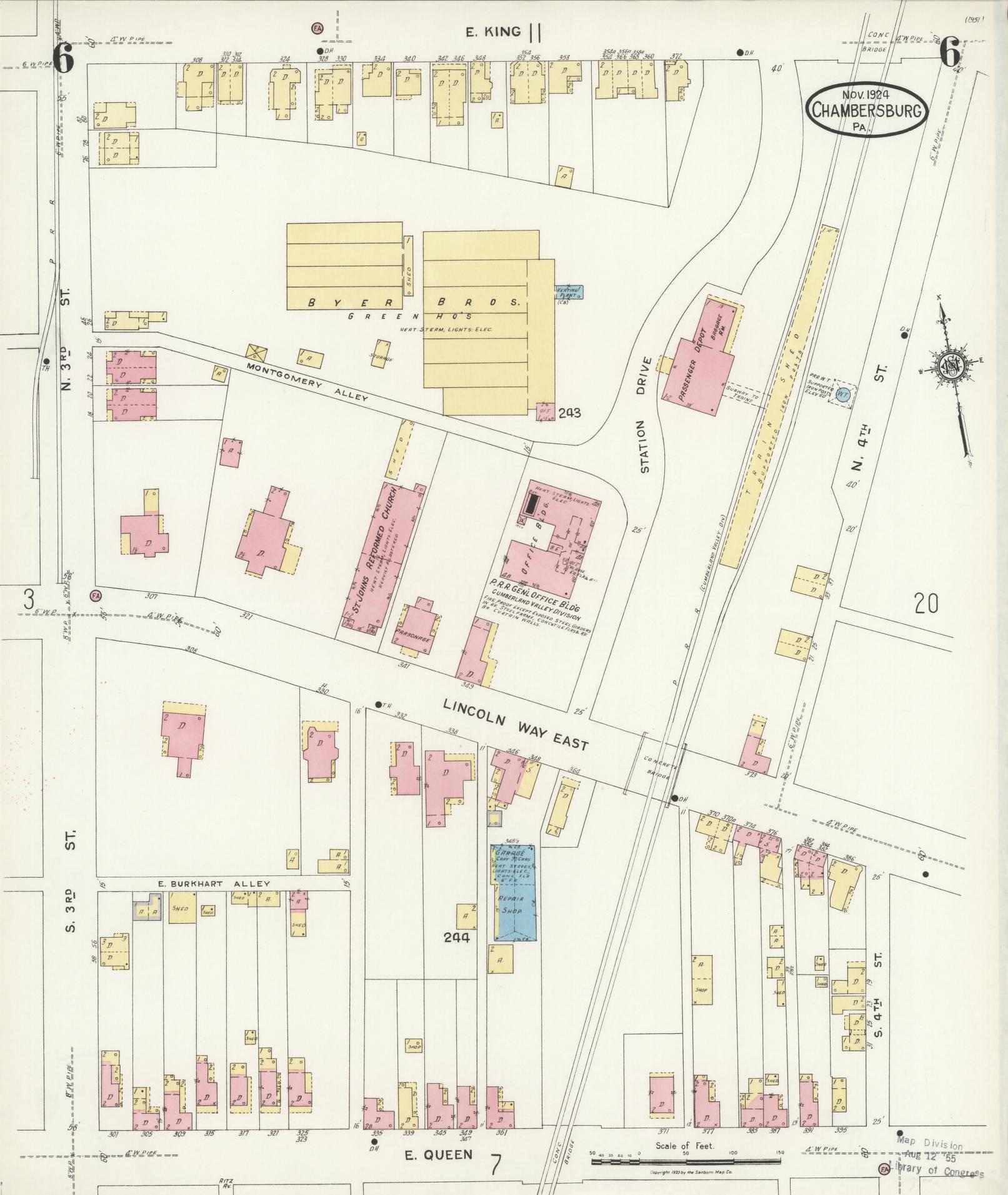 Sanborn Fire Insurance Map from Chambersburg, Franklin County, Pennsylvania (1924), Sheet #0006 - Historic Sanborn Fire Insurance Map Print, vintage old map wall art, antique decor, genealogy gift, Pennsylvania Pennsylvania map