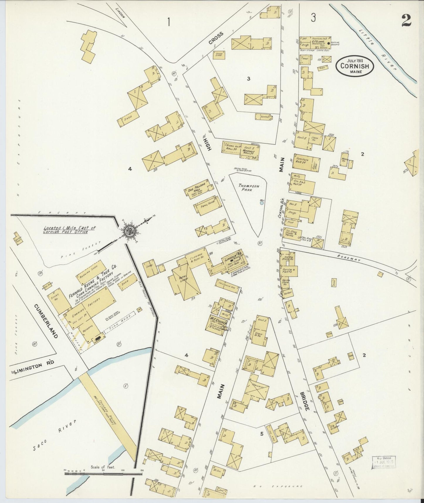 Sanborn Fire Insurance Map from Cornish, York County, Maine (1911), Sheet #0002 - Historic Sanborn Fire Insurance Map Print, vintage old map wall art, antique decor, genealogy gift, Maine Maine map
