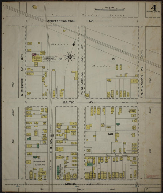Sanborn Fire Insurance Map from Atlantic City, Atlantic County, New Jersey (1886), Sheet #0004 - Historic Sanborn Fire Insurance Map Print, vintage old map wall art, antique decor, genealogy gift, New Jersey New Jersey map