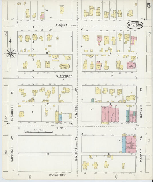 Sanborn Fire Insurance Map from Denison, Grayson County, Texas (1892), Sheet #0005 - Historic Sanborn Fire Insurance Map Print, vintage old map wall art, antique decor, genealogy gift, Texas Texas map