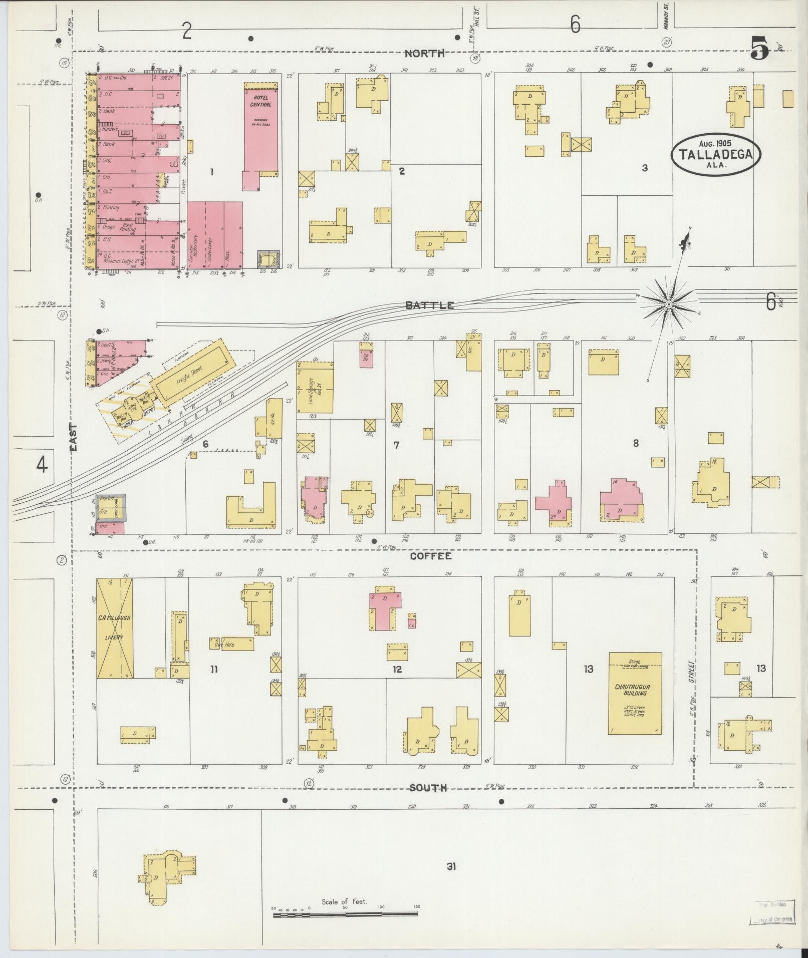 Sanborn Fire Insurance Map from Talladega, Talladega County, Alabama (1905), Sheet #0005 - Complete Map Set gallery image, historic Sanborn map, vintage wall art, Alabama Alabama