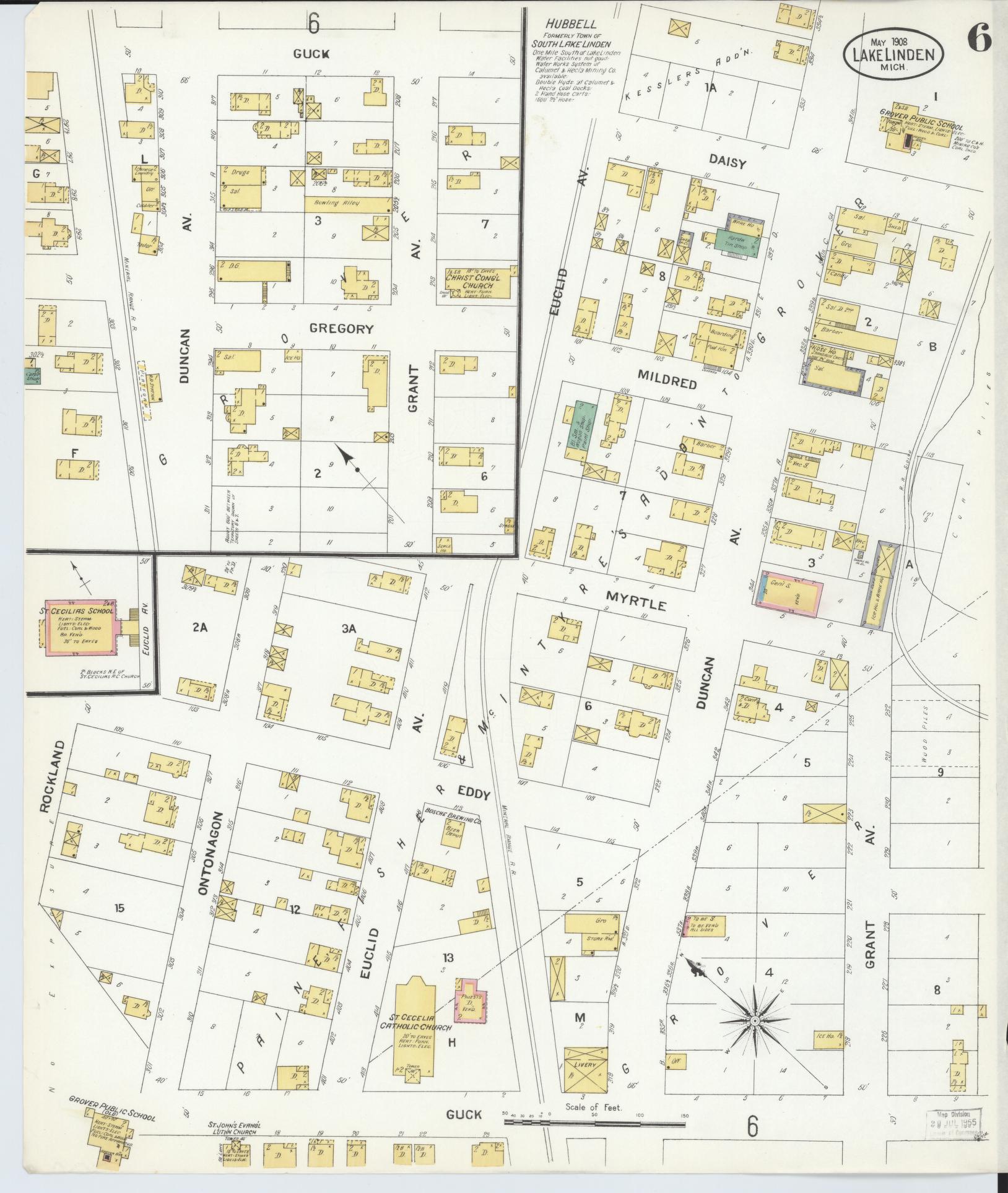 Sanborn Fire Insurance Map from Lake Linden, Houghton County, Michigan (1908), Sheet #0006 - Complete Map Set gallery image, historic Sanborn map, vintage wall art, Michigan Michigan