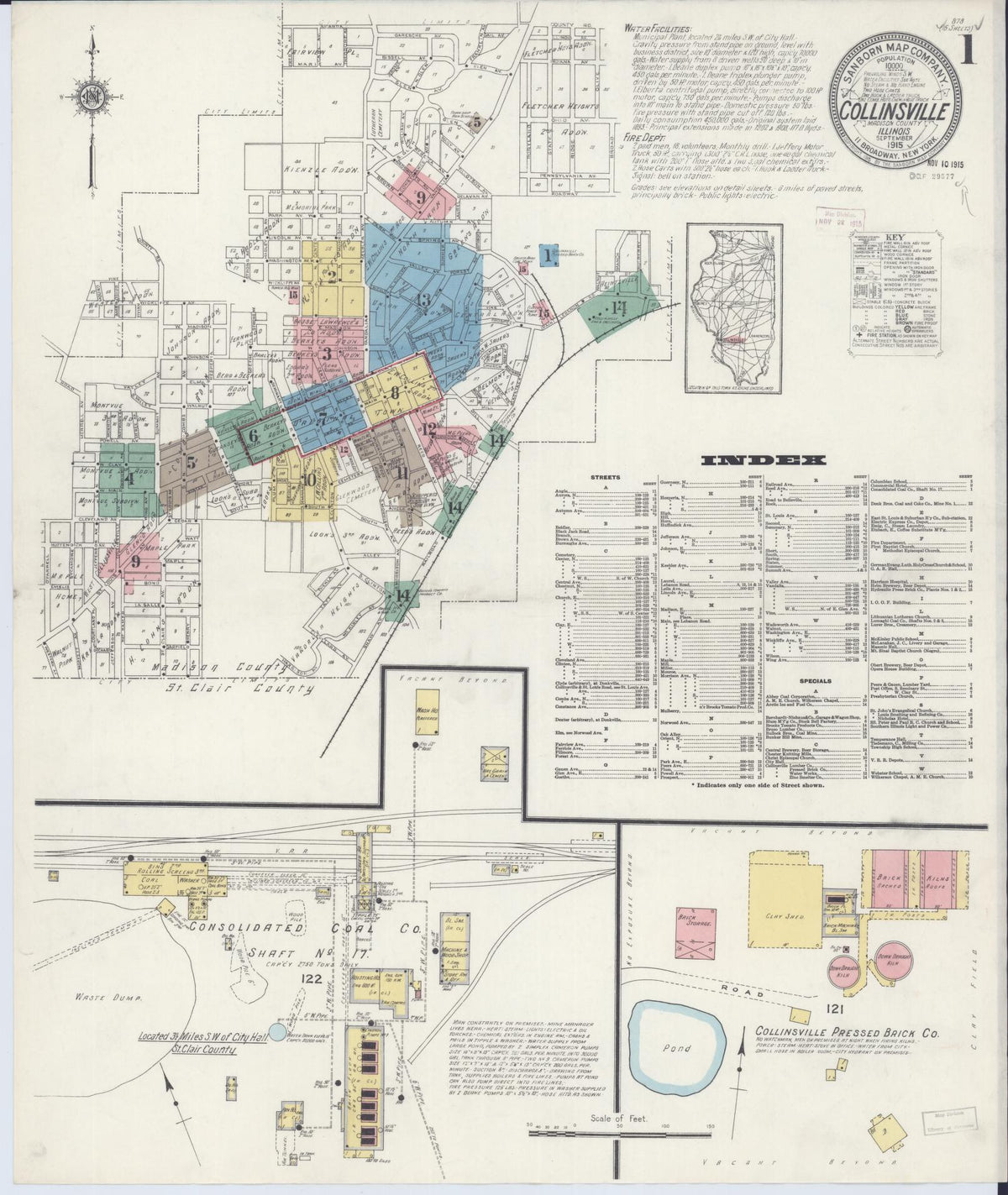 Sanborn Fire Insurance Map from Collinsville, Madison County, Illinois (1915), Sheet #0001 - Historic Sanborn Fire Insurance Map Print, vintage old map wall art, antique decor, genealogy gift, Illinois Illinois map