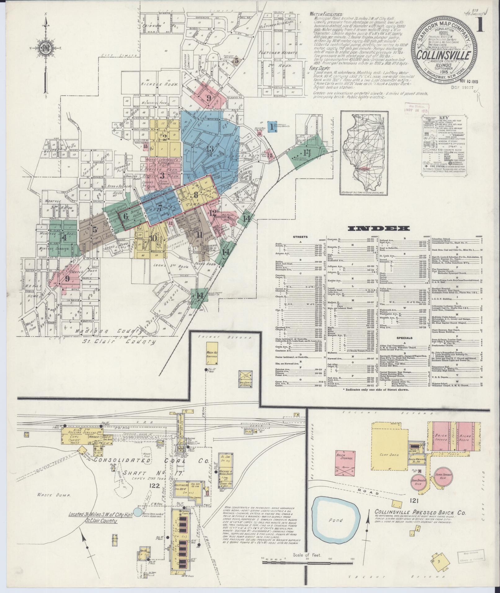 Sanborn Fire Insurance Map from Collinsville, Madison County, Illinois (1915), Sheet #0001 - Historic Sanborn Fire Insurance Map Print, vintage old map wall art, antique decor, genealogy gift, Illinois Illinois map