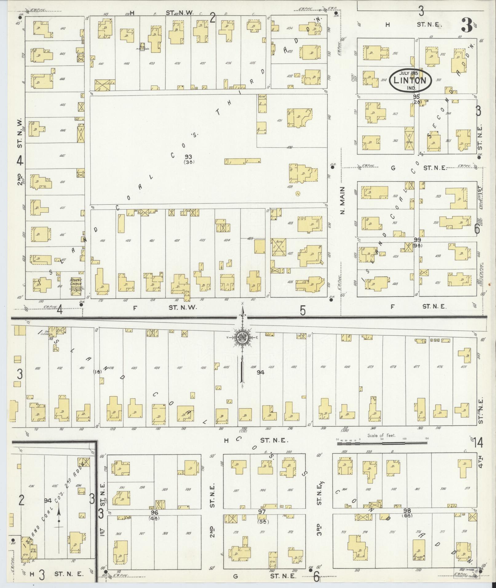 Sanborn Fire Insurance Map from Linton, Greene County, Indiana (1915), Sheet #0003 - Complete Map Set gallery image, historic Sanborn map, vintage wall art, Indiana Indiana