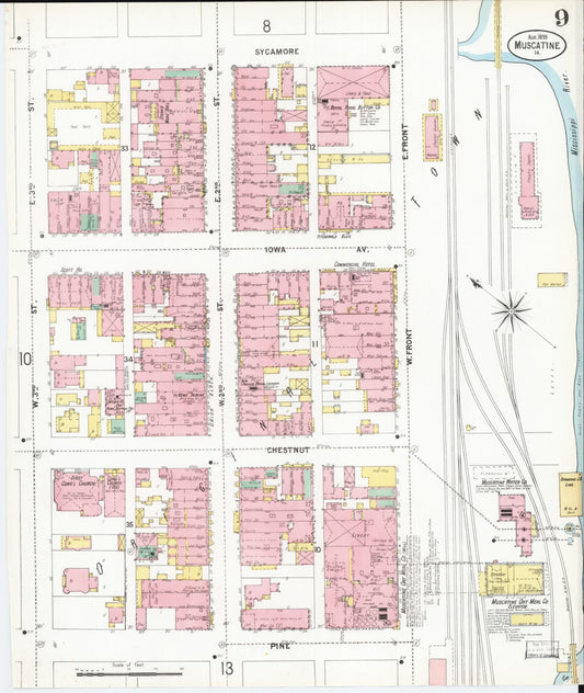 Sanborn Fire Insurance Map from Muscatine, Muscatine County, Iowa (1899), Sheet #0009 - Historic Sanborn Fire Insurance Map Print, vintage old map wall art