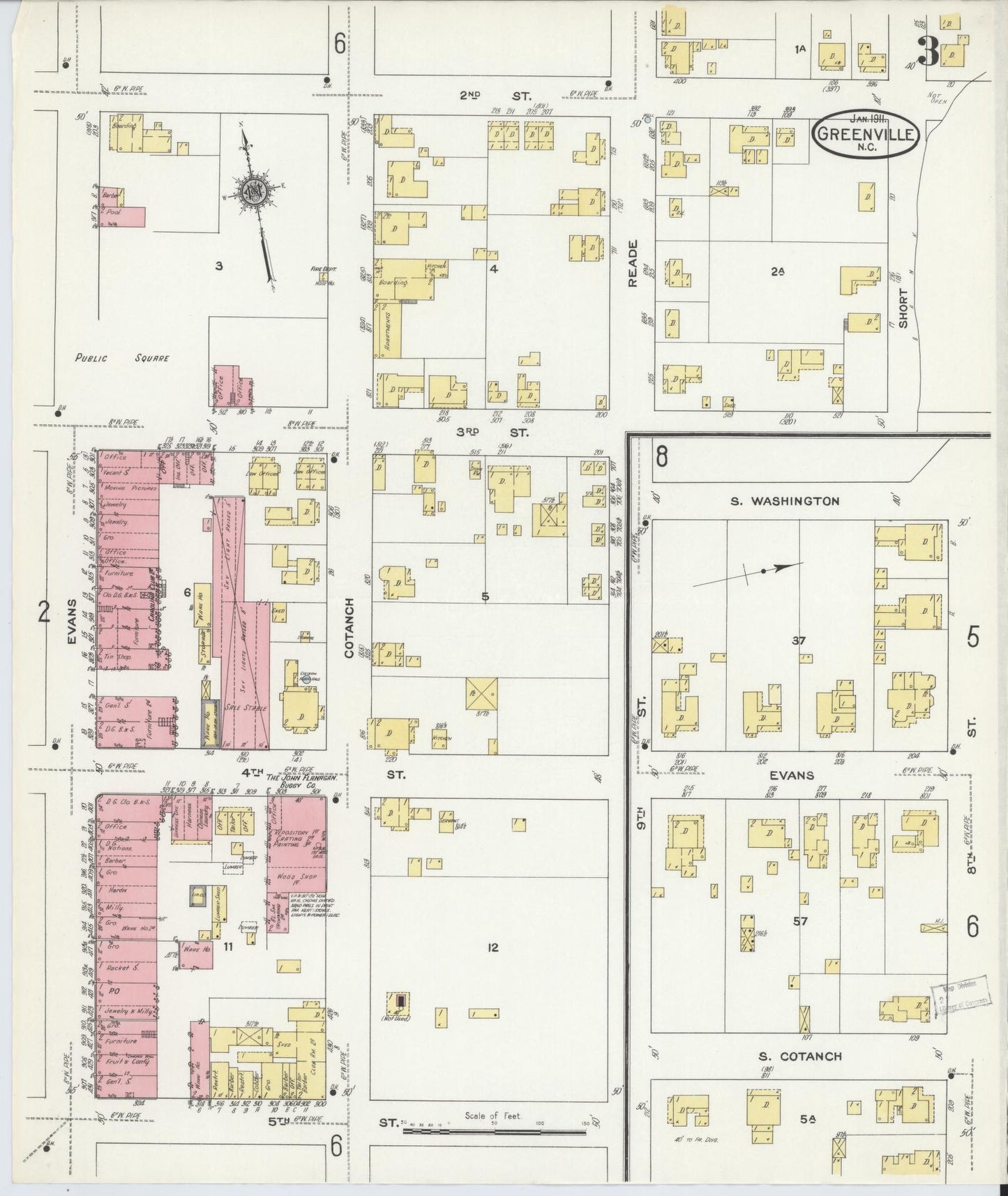 Sanborn Fire Insurance Map from Greenville, Pitt County, North Carolina (1911), Sheet #0003 - Complete Map Set gallery image, historic Sanborn map, vintage wall art, North Carolina North Carolina
