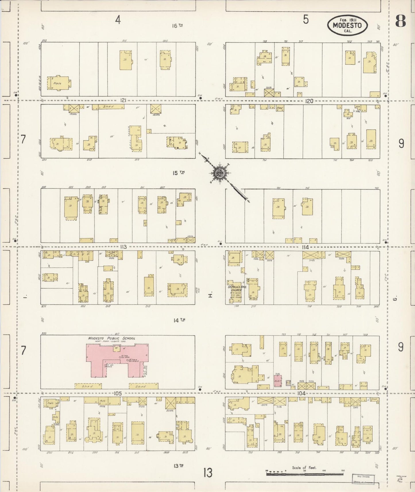 Sanborn Fire Insurance Map from Modesto, Stanislaus County, California (1911), Sheet #0008 - Complete Map Set gallery image, historic Sanborn map, vintage wall art, California California