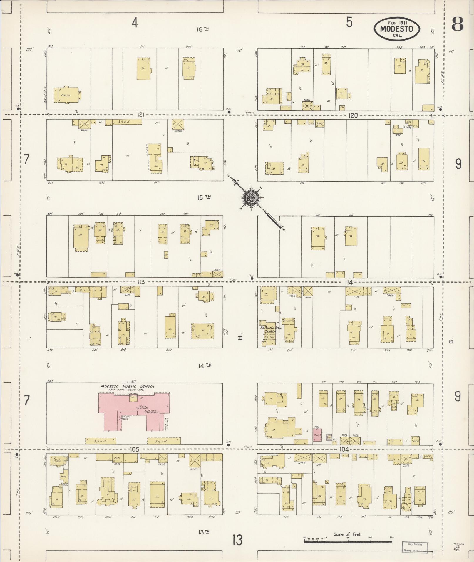 Sanborn Fire Insurance Map from Modesto, Stanislaus County, California (1911), Sheet #0008 - Complete Map Set gallery image, historic Sanborn map, vintage wall art, California California