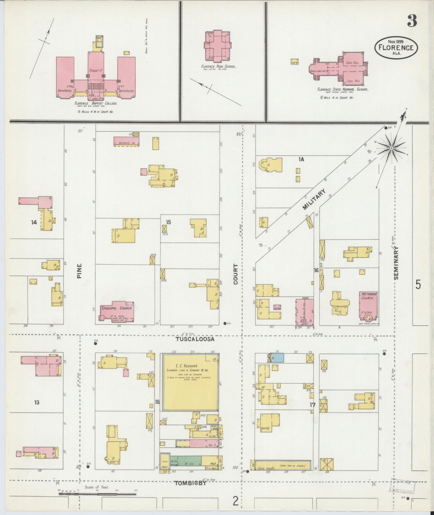 Sanborn Fire Insurance Map from Florence, Lauderdale County, Alabama (1899), Sheet #0003 - Historic Sanborn Fire Insurance Map Print, vintage old map wall art, antique decor, genealogy gift, Alabama Alabama map