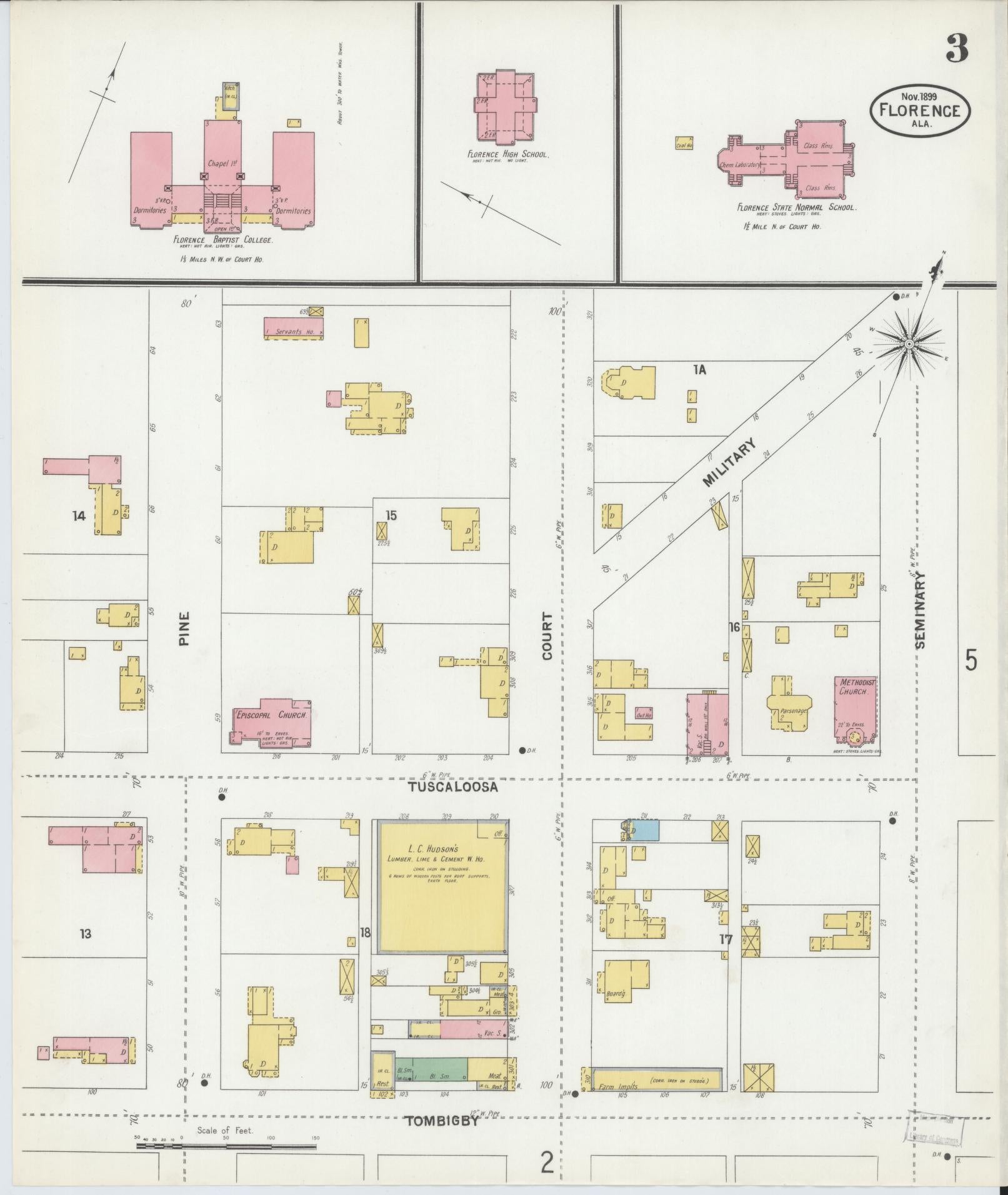 Sanborn Fire Insurance Map from Florence, Lauderdale County, Alabama (1899), Sheet #0003 - Historic Sanborn Fire Insurance Map Print, vintage old map wall art, antique decor, genealogy gift, Alabama Alabama map