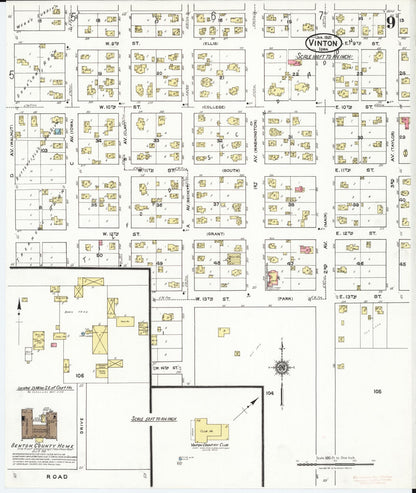 Sanborn Fire Insurance Map from Vinton, Benton County, Iowa (1921), Sheet #0009 - Historic Sanborn Fire Insurance Map Print, vintage old map wall art