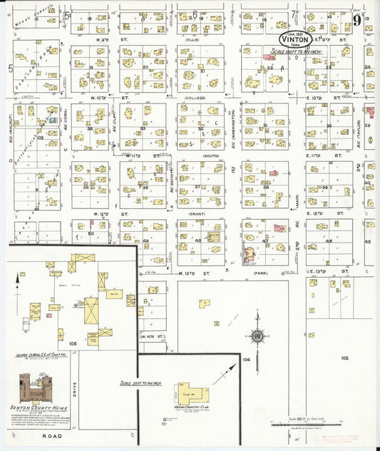 Sanborn Fire Insurance Map from Vinton, Benton County, Iowa (1921), Sheet #0009 - Historic Sanborn Fire Insurance Map Print, vintage old map wall art