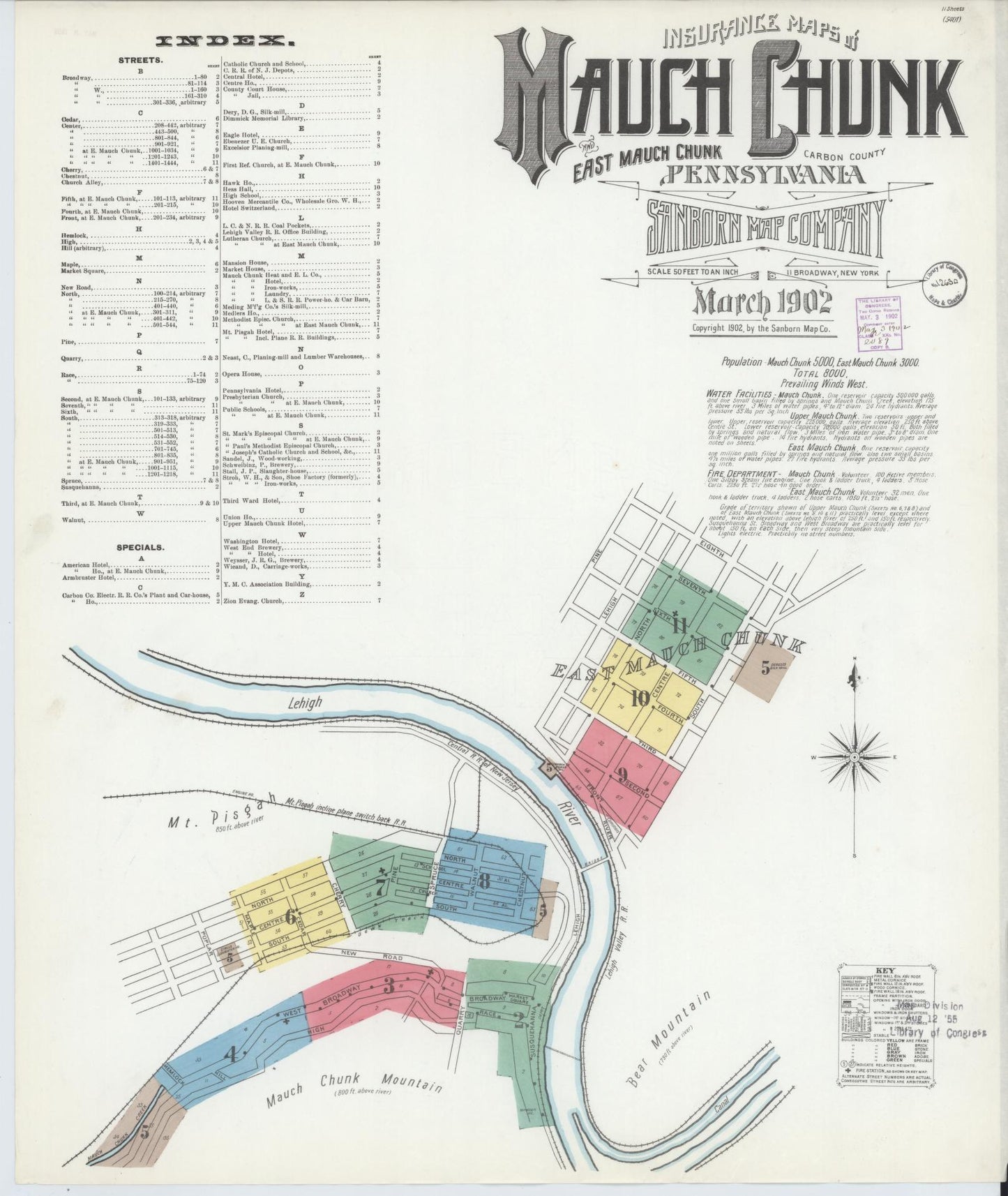 Sanborn Fire Insurance Map from Mauch Chunk, Carbon County, Pennsylvania (1902), Sheet #0001 - Historic Sanborn Fire Insurance Map Print, vintage old map wall art, antique decor, genealogy gift, Pennsylvania Pennsylvania map