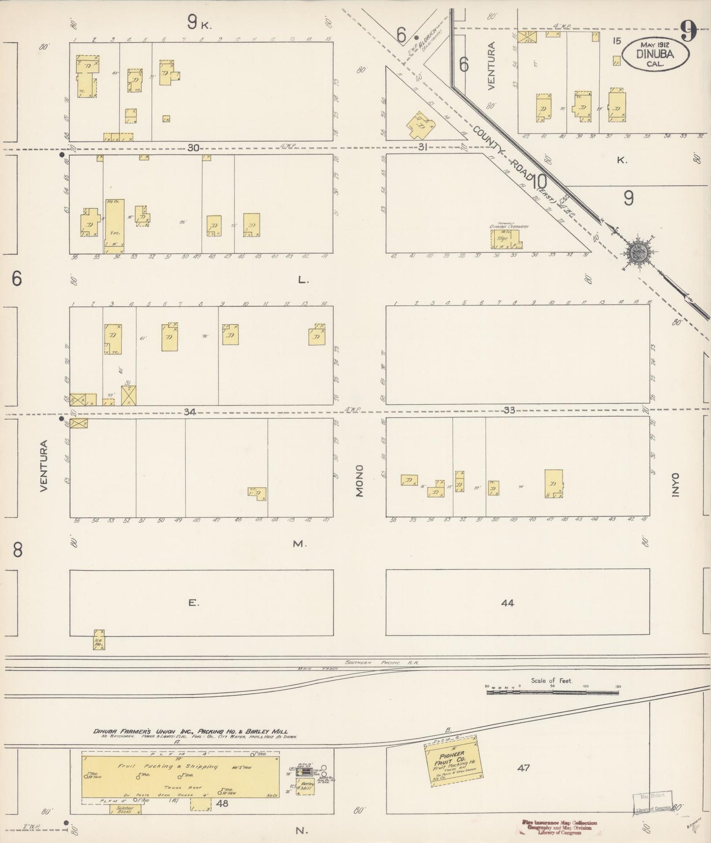 Sanborn Fire Insurance Map from Dinuba, Tulare County, California (1912), Sheet #0009 - Complete Map Set gallery image, historic Sanborn map, vintage wall art, California California
