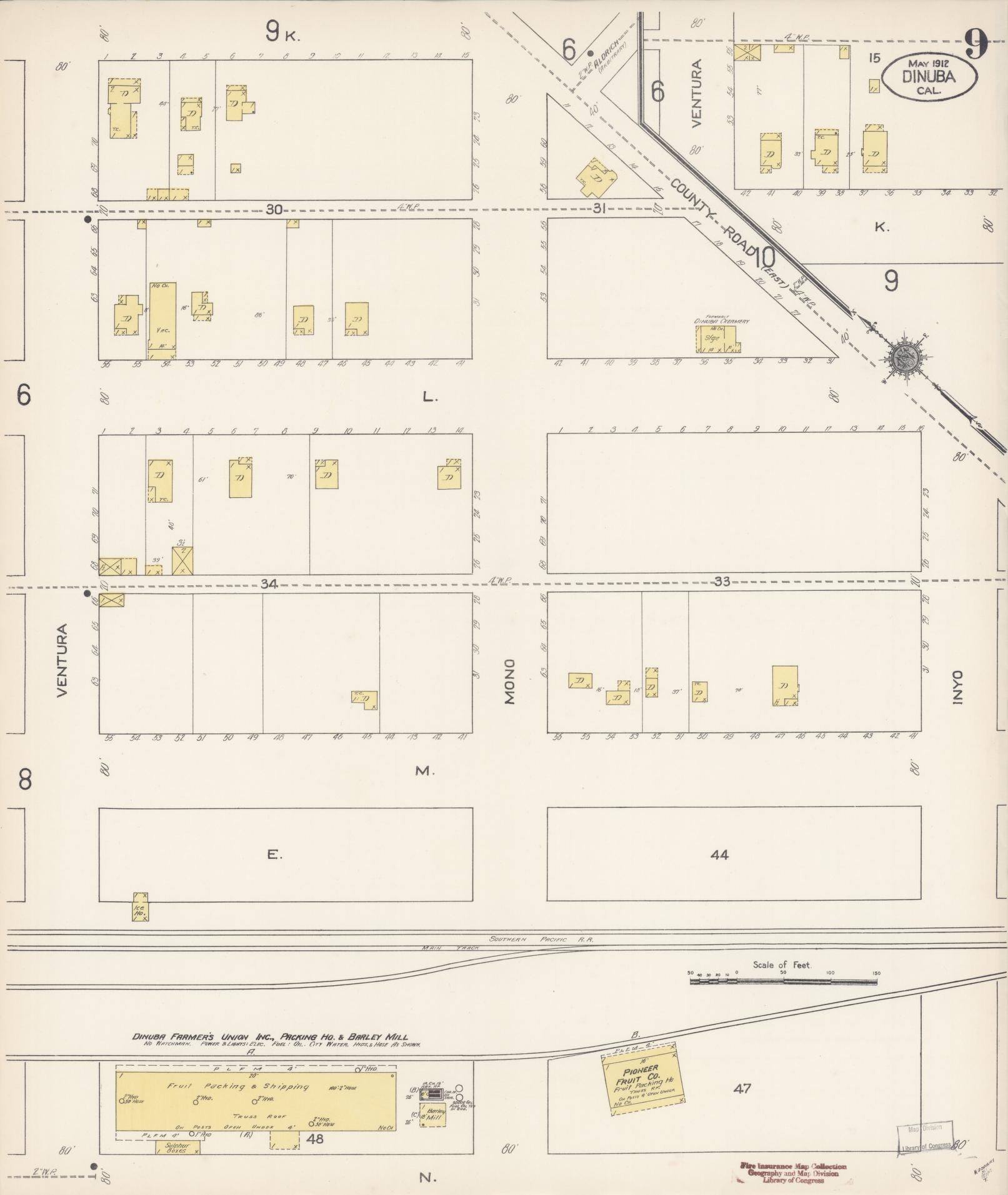 Sanborn Fire Insurance Map from Dinuba, Tulare County, California (1912), Sheet #0009 - Complete Map Set gallery image, historic Sanborn map, vintage wall art, California California