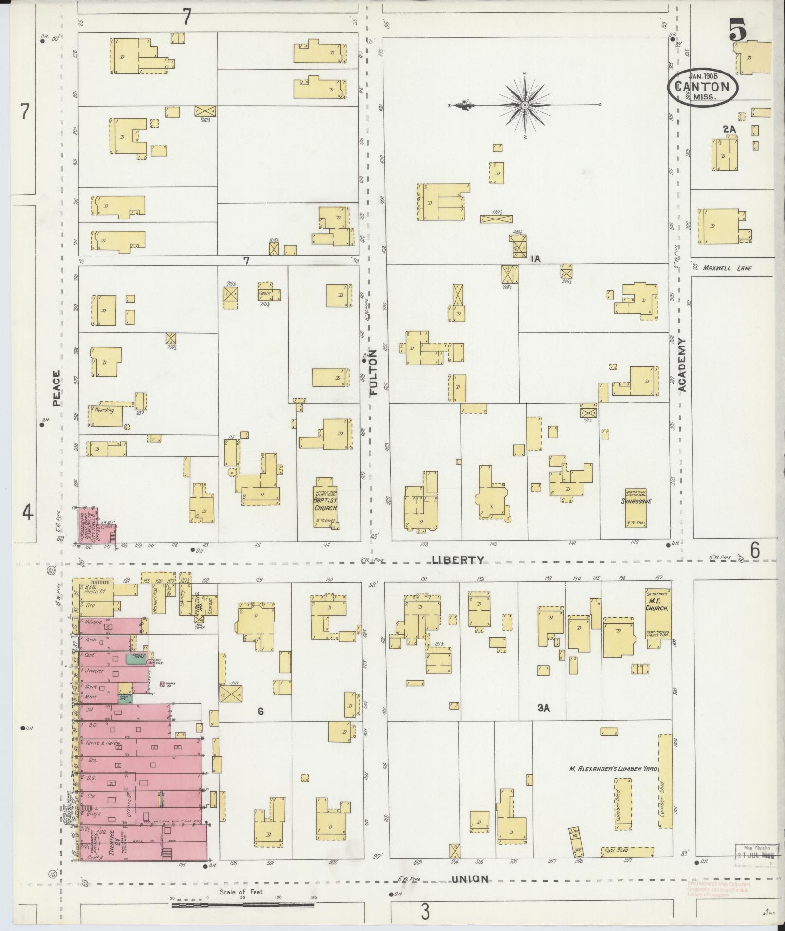 Sanborn Fire Insurance Map from Canton, Madison County, Mississippi (1905), Sheet #0005 - Historic Sanborn Fire Insurance Map Print, vintage old map wall art, antique decor, genealogy gift, Mississippi Mississippi map