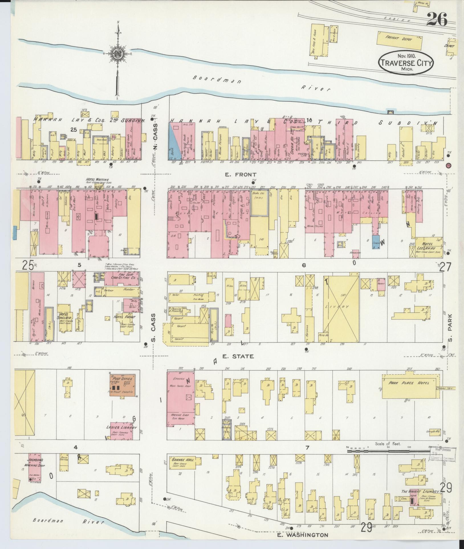 Sanborn Fire Insurance Map from Traverse City, Grand Traverse County, Michigan (1910), Sheet #0026 - Historic Sanborn Fire Insurance Map Print, vintage old map wall art, antique decor, genealogy gift, Michigan Michigan map