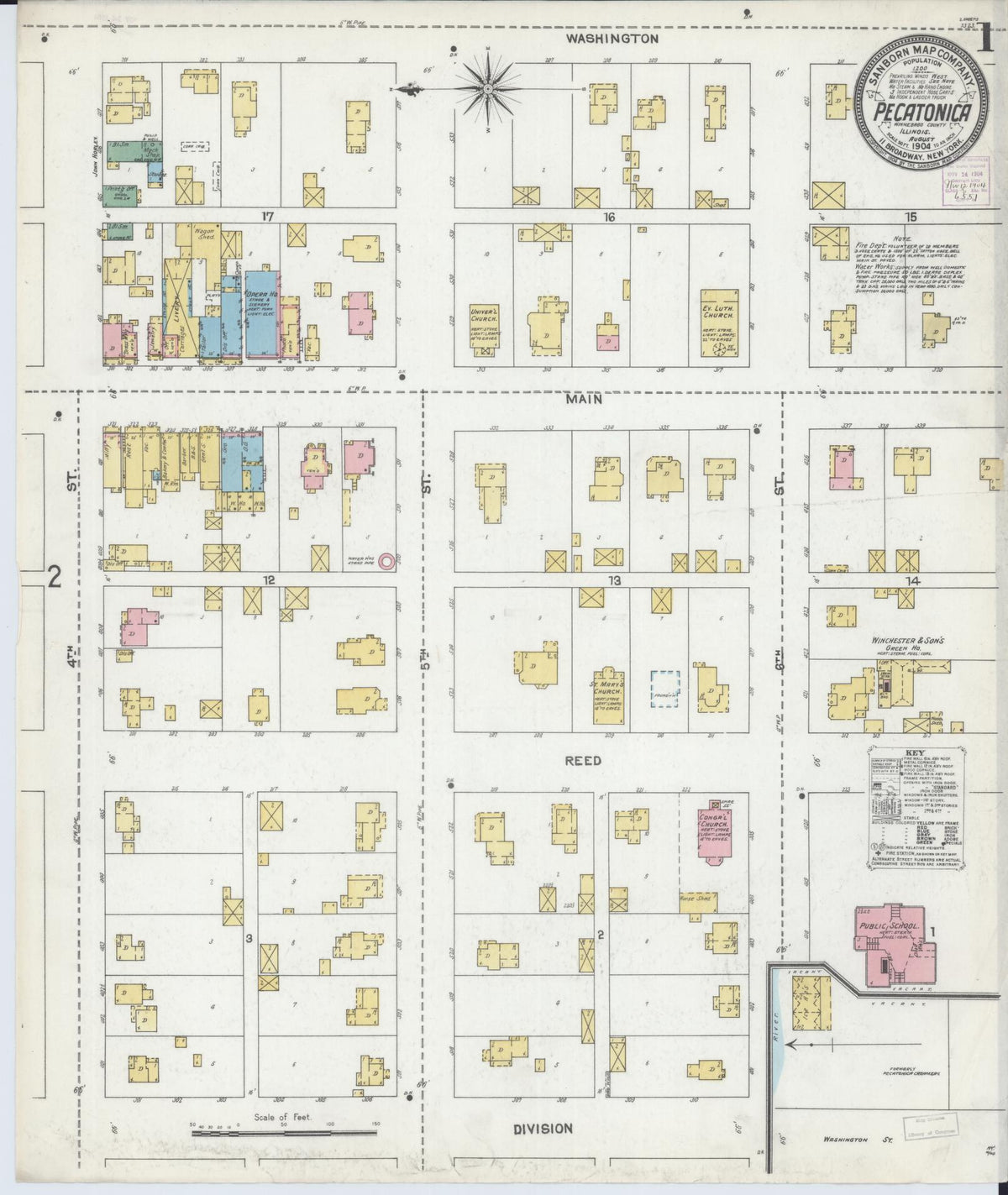 Sanborn Fire Insurance Map from Pecatonica, Winnebago County, Illinois (1904), Sheet #0001 - Complete Map Set gallery image, historic Sanborn map, vintage wall art, Illinois Illinois