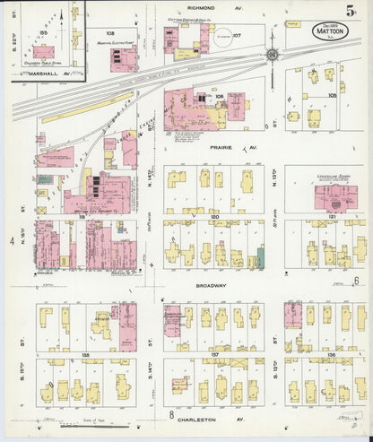 Sanborn Fire Insurance Map from Mattoon, Coles County, Illinois (1909), Sheet #0005 - Complete Map Set gallery image, historic Sanborn map, vintage wall art, Illinois Illinois