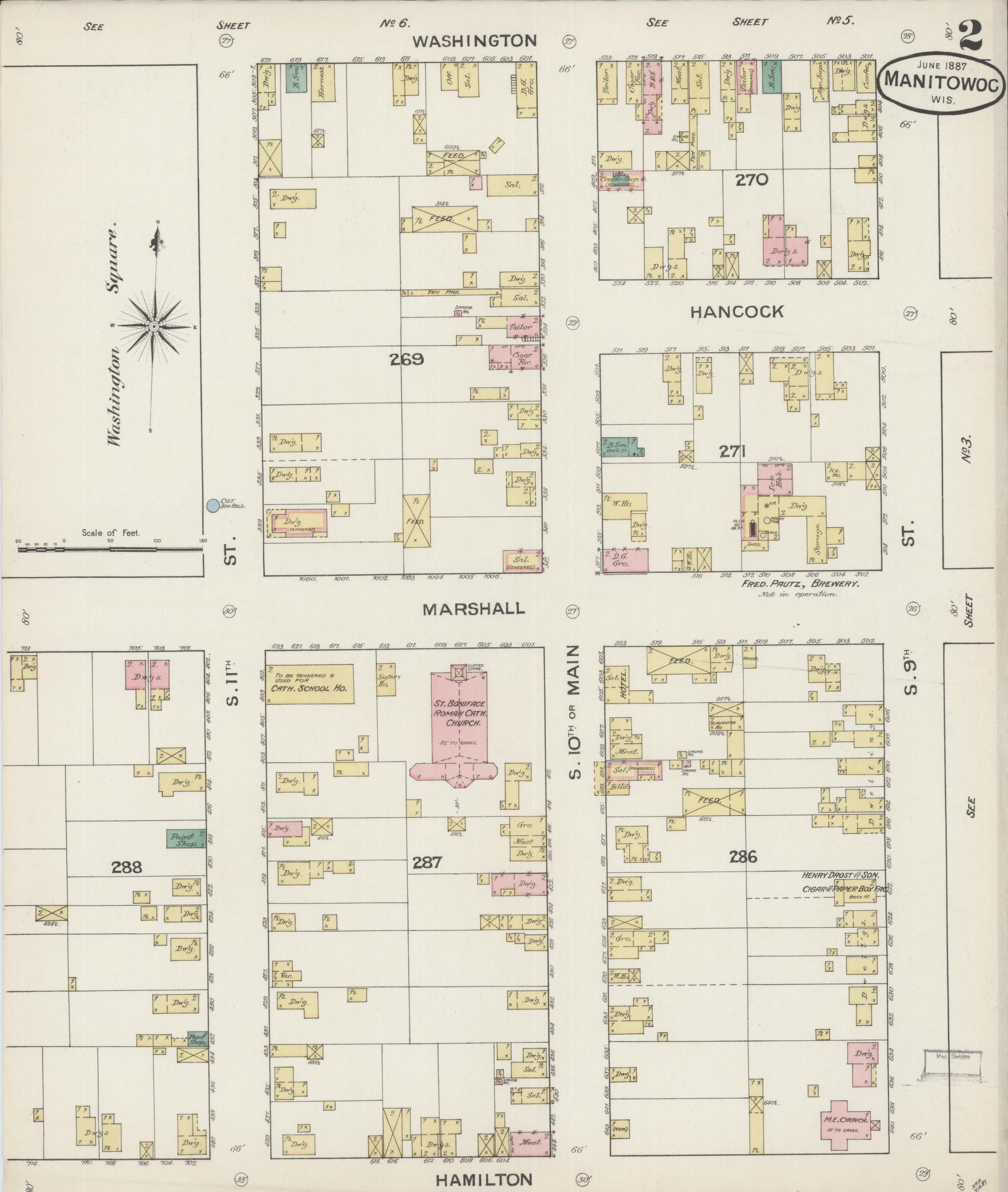 Sanborn Fire Insurance Map from Manitowoc, Manitowoc County, Wisconsin (1887), Sheet #0002 - Historic Sanborn Fire Insurance Map Print, vintage old map wall art, antique decor, genealogy gift, Wisconsin Wisconsin map
