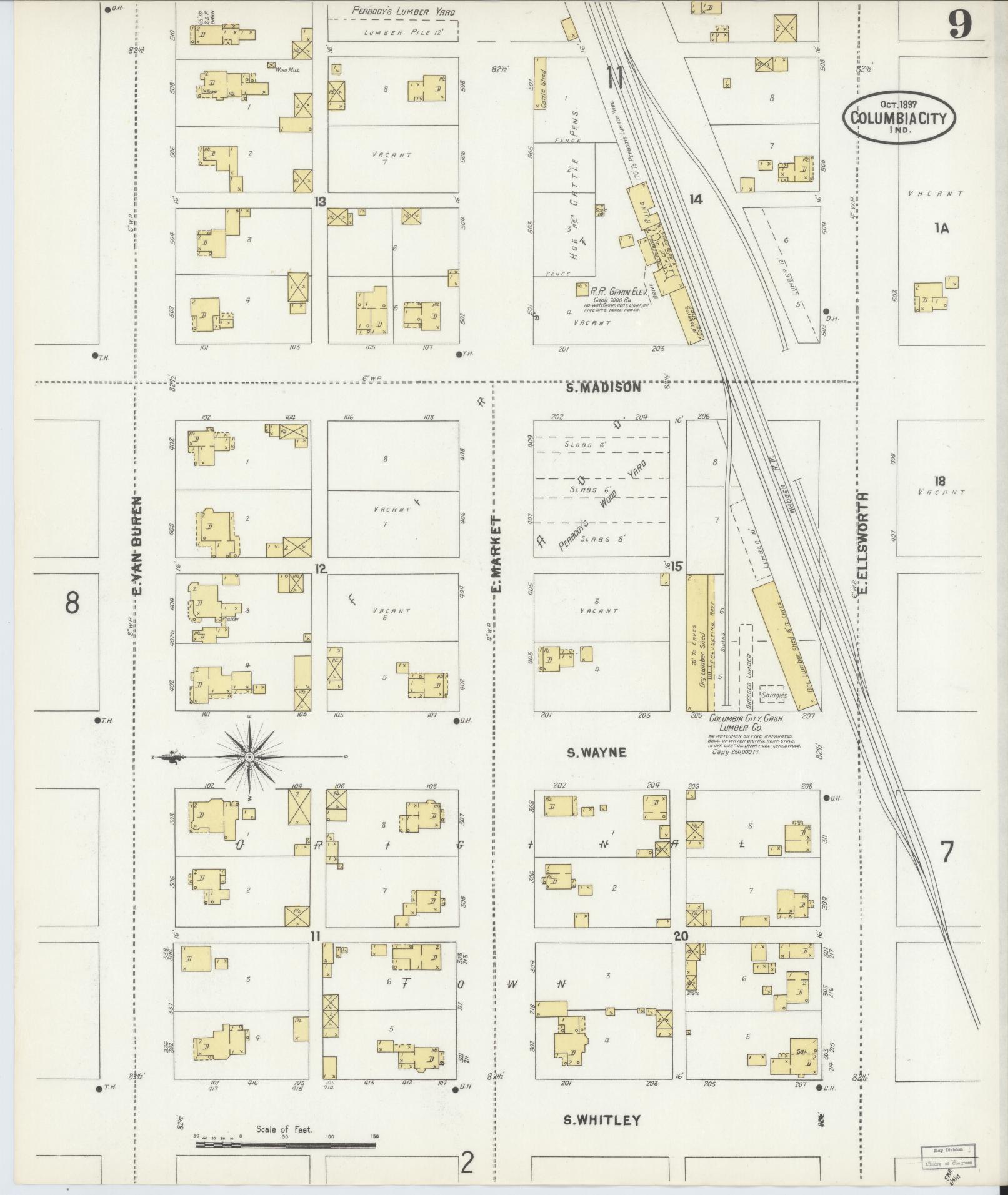 Sanborn Fire Insurance Map from Columbia City, Whitley County, Indiana (1897), Sheet #0009 - Complete Map Set gallery image, historic Sanborn map, vintage wall art, Indiana Indiana