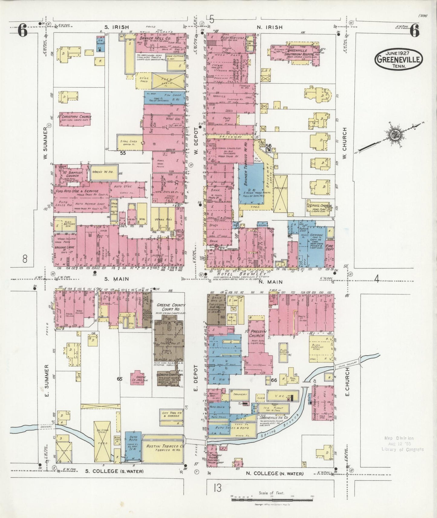 Sanborn Fire Insurance Map from Greeneville, Greene County, Tennessee (1927), Sheet #0006 - Historic Sanborn Fire Insurance Map Print, vintage old map wall art, antique decor, genealogy gift, Tennessee Tennessee map