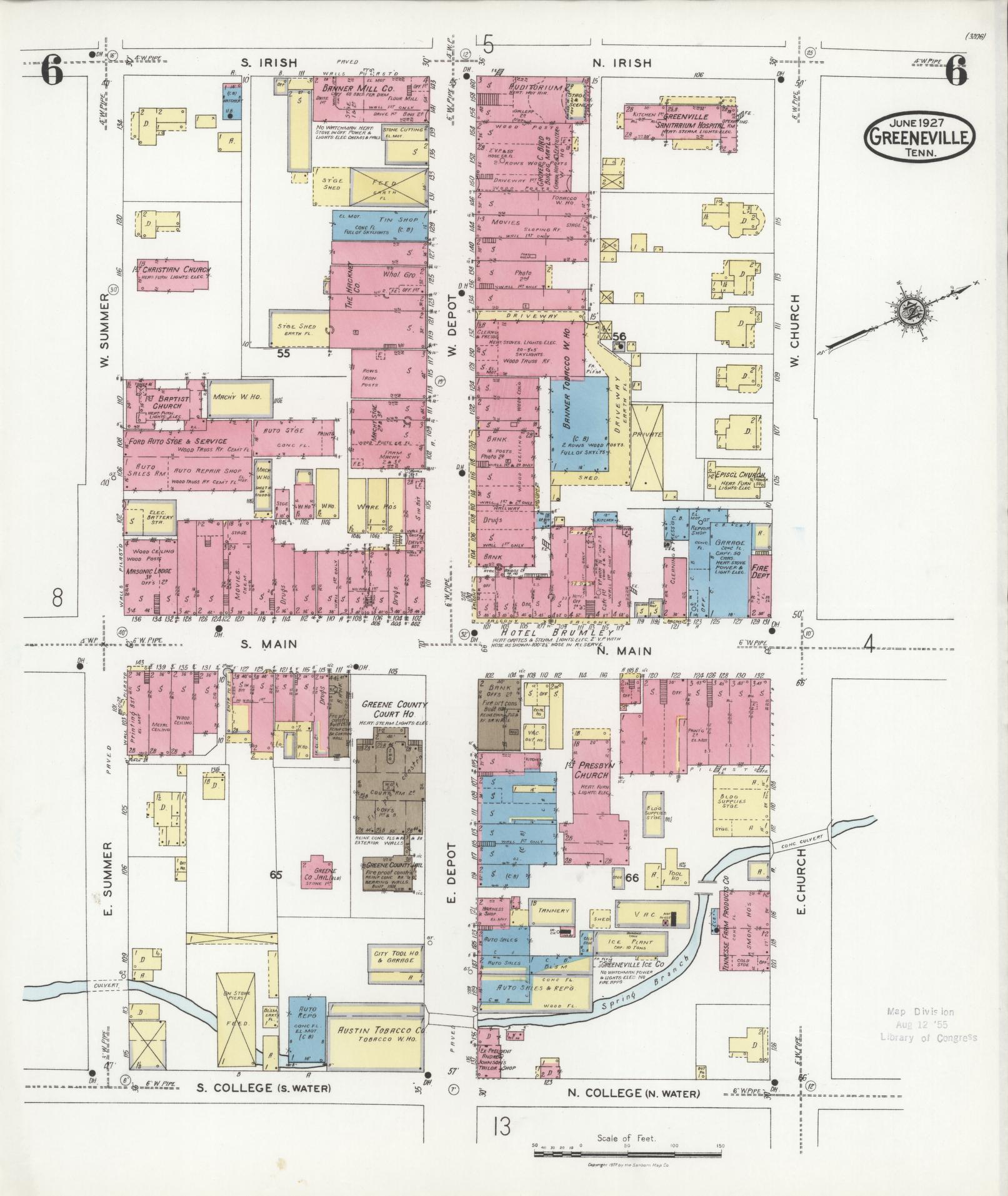 Sanborn Fire Insurance Map from Greeneville, Greene County, Tennessee (1927), Sheet #0006 - Historic Sanborn Fire Insurance Map Print, vintage old map wall art, antique decor, genealogy gift, Tennessee Tennessee map