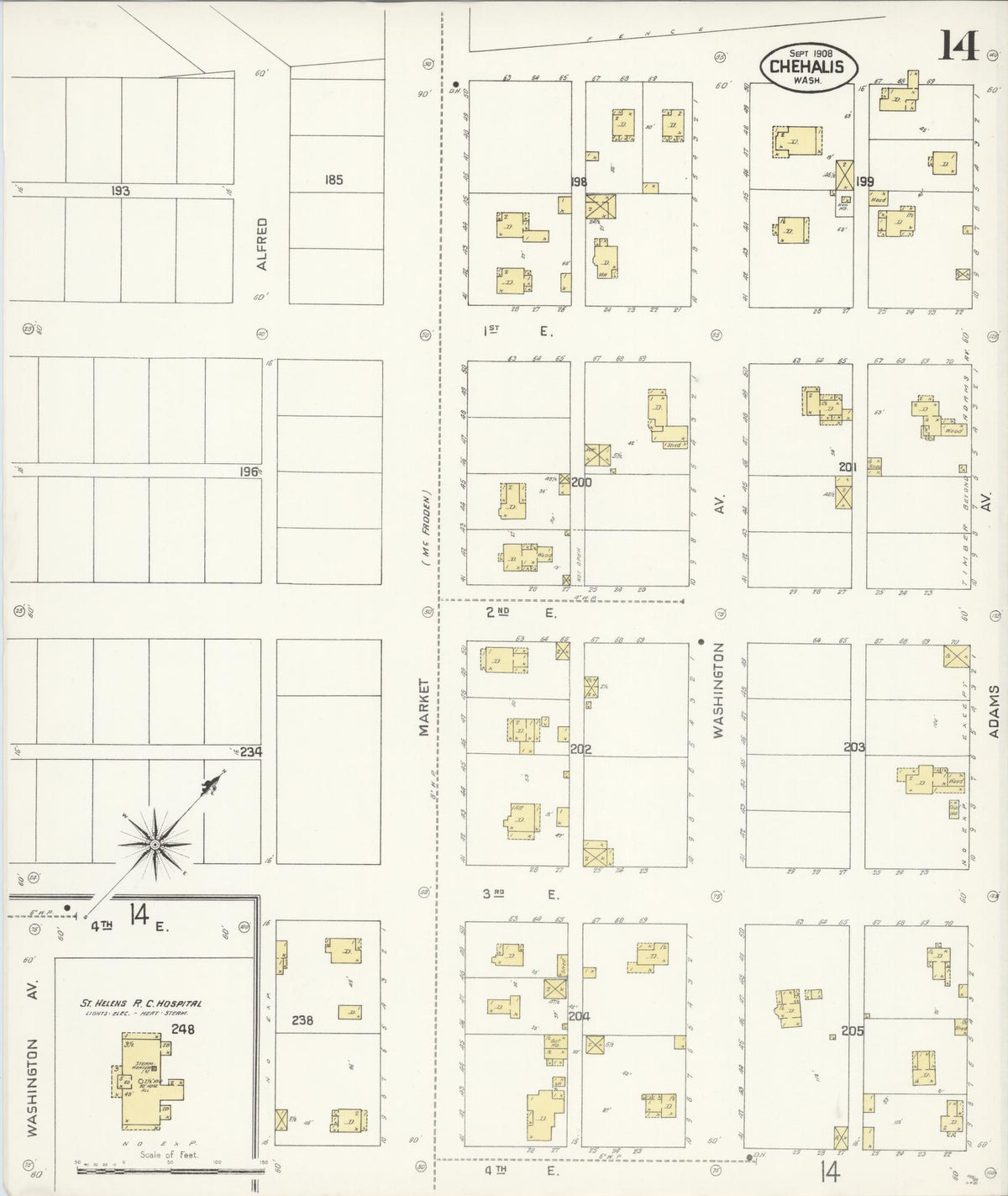 Sanborn Fire Insurance Map from Chehalis, Lewis County, Washington (1908), Sheet #0014 - Historic Sanborn Fire Insurance Map Print, vintage old map wall art, antique decor, genealogy gift, Washington Washington map