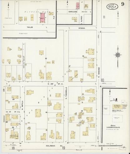 Sanborn Fire Insurance Map from Ocala, Marion County, Florida (1912), Sheet #0009 - Historic Sanborn Fire Insurance Map Print, vintage old map wall art, antique decor, genealogy gift, Florida Florida map