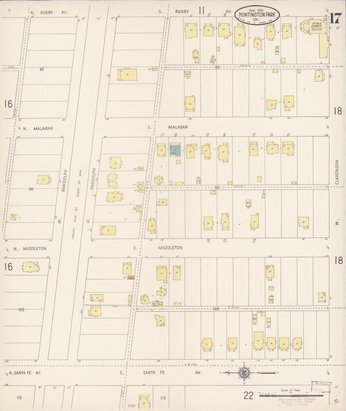 Sanborn Fire Insurance Map from Huntington Park, Los Angeles County, California (1916), Sheet #0017 - Complete Map Set gallery image, historic Sanborn map, vintage wall art, California California