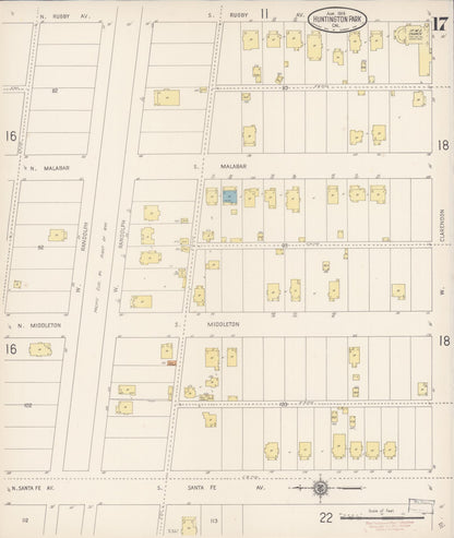 Sanborn Fire Insurance Map from Huntington Park, Los Angeles County, California (1916), Sheet #0017 - Complete Map Set gallery image, historic Sanborn map, vintage wall art, California California