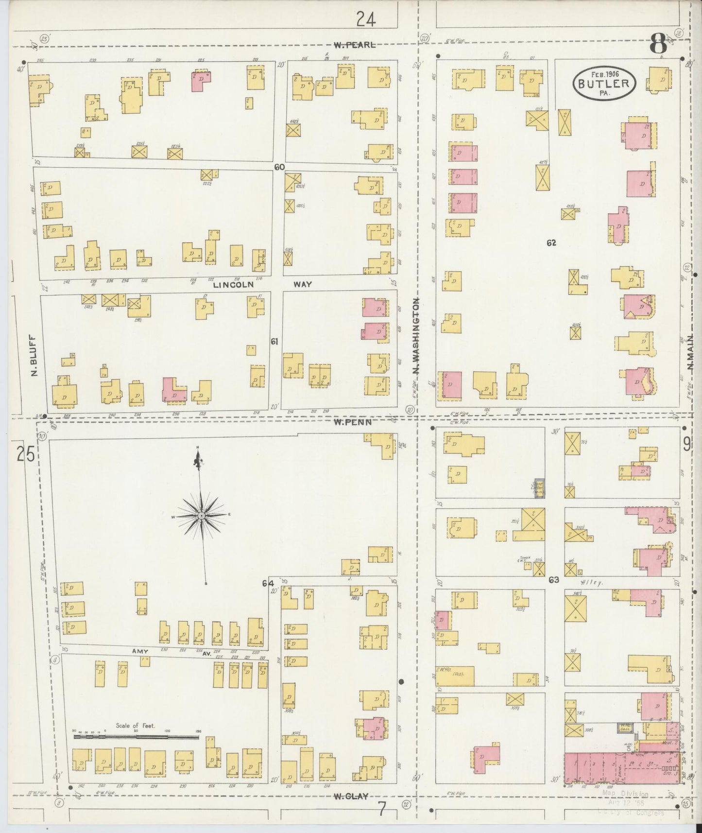 Sanborn Fire Insurance Map from Butler, Butler County, Pennsylvania (1906), Sheet #0008 - Historic Sanborn Fire Insurance Map Print, vintage old map wall art, antique decor, genealogy gift, Pennsylvania Pennsylvania map